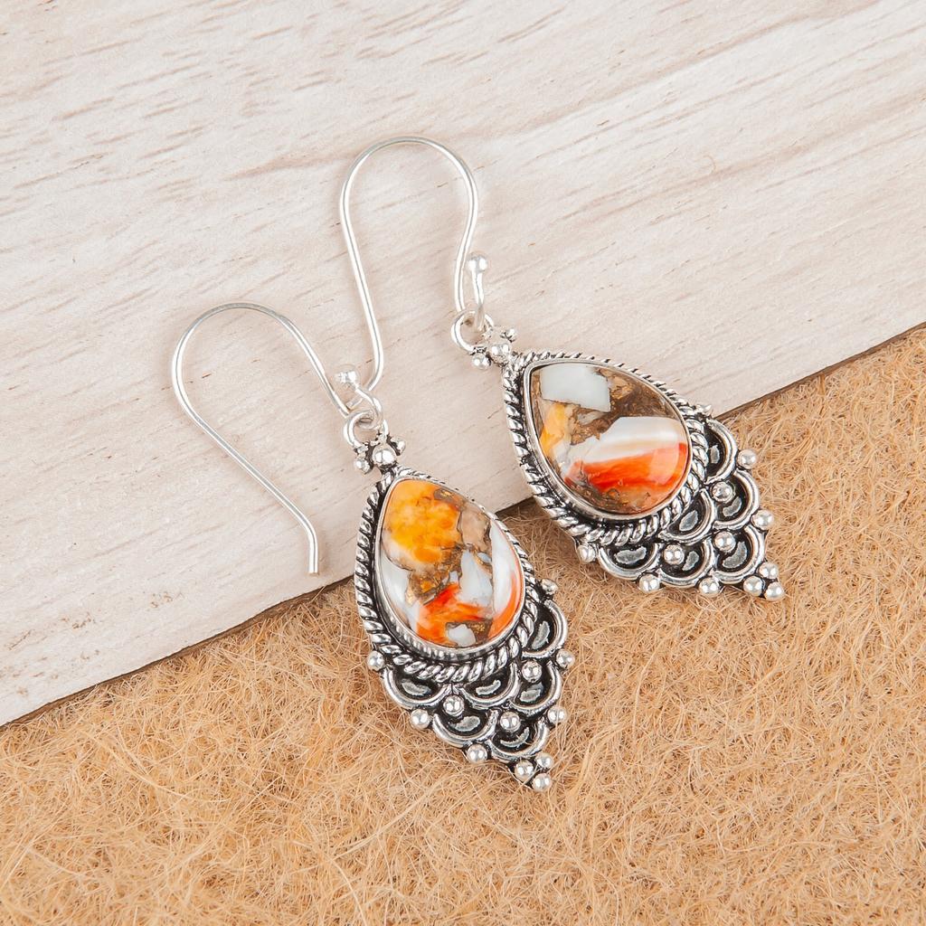 Orange Copper Turquoise Gemstone 925 Sterling Silver Jewelry Handmade Earrings EE-85-34