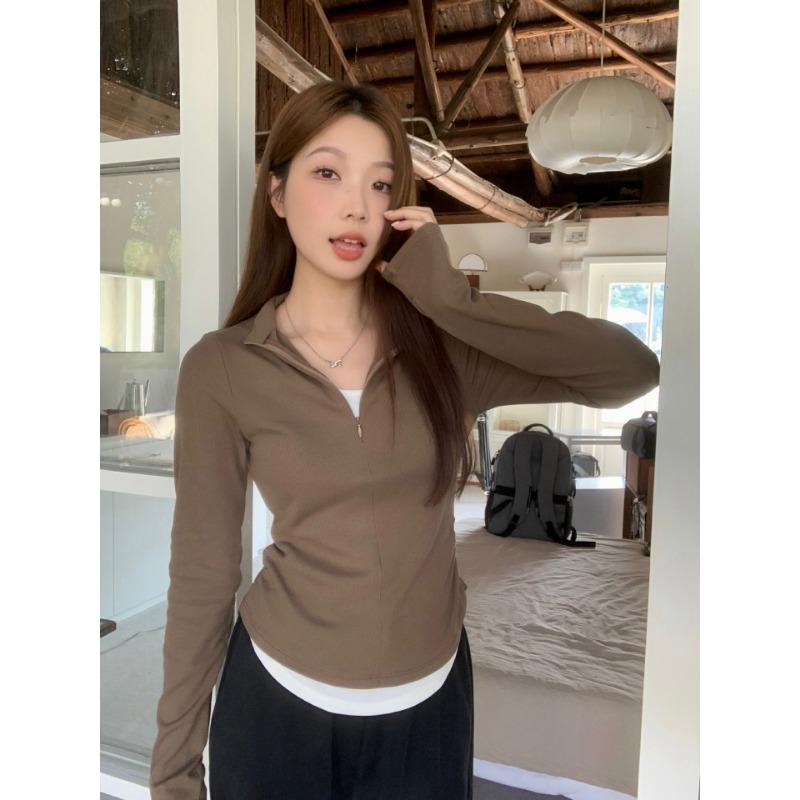 Spring Autumn Fake Two Pieces Slim T-shirt Women Long Sleeve Casual Fashion All-match Pullover Tee Top