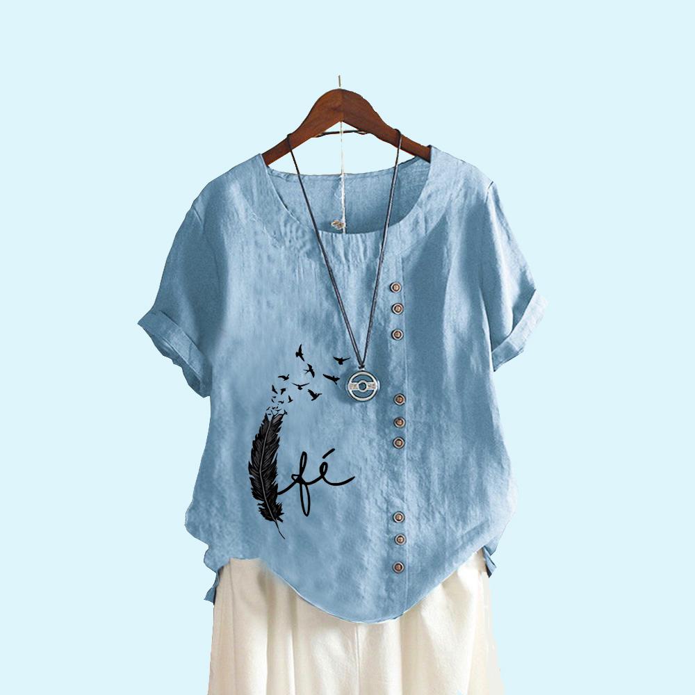 

Женская модная блузка с коротким рукавом и принтом, летняя повседневная футболка с круглым воротником из хлопка и льна, свободный топ 5XL светло-синий