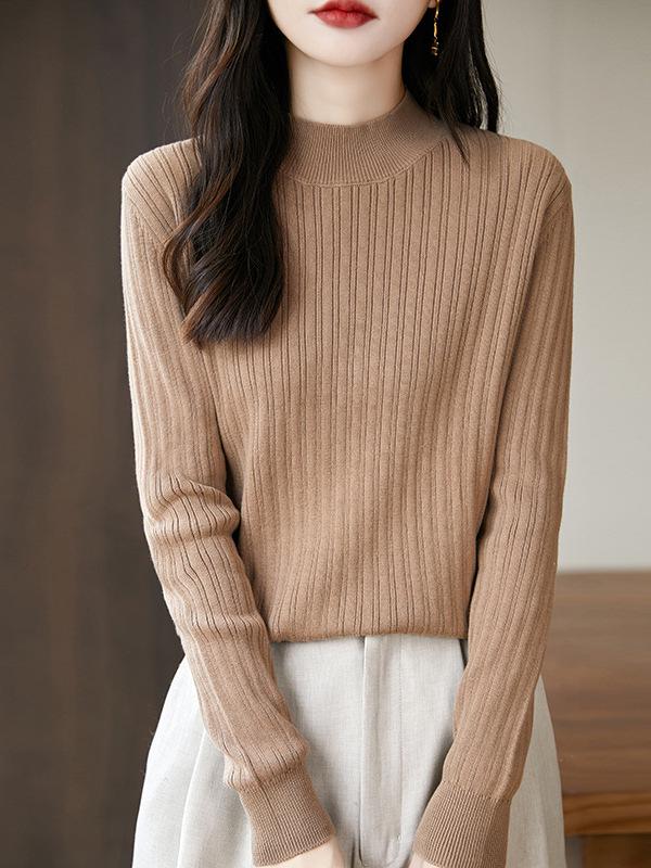 Women's Uneven Stripe Ribbed Cotton Knit Sweater - Half-High Neck Autumn/Winter Inner Layer Top