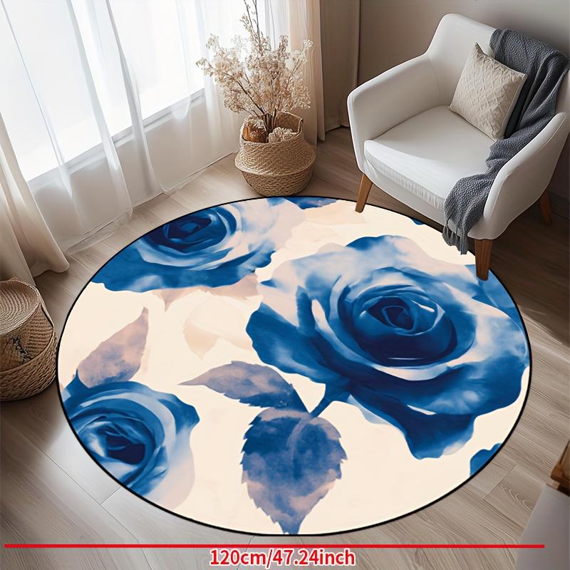 Luxury  Blue Rose Pattern Round Shape Floor Mats Kitchen Hallway Runner Rug Bedroom Living Room Soft Carpet Non-slip Area Rug
