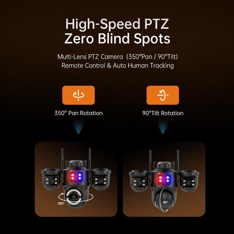 iCsee 3-Lens Multi-View HD WiFi Camera with Alarm Light - Indoor/Outdoor, Full-Color, Remote-Controlled via Mobile.