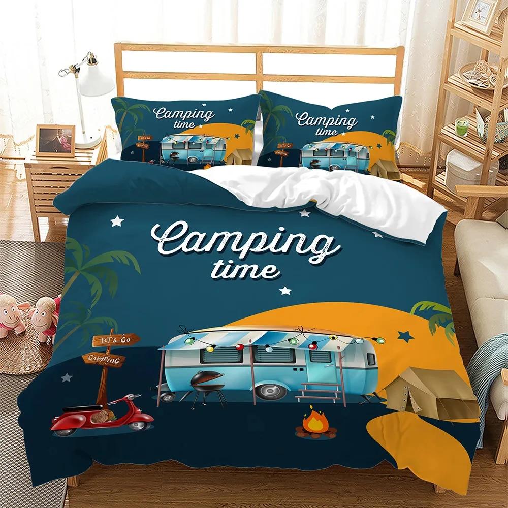 Camper Time Print Bedding Set 3D Camping Car Duvet Cover Travel Theme Cartoon Camping Comforter Cover Full King For Teens Adult