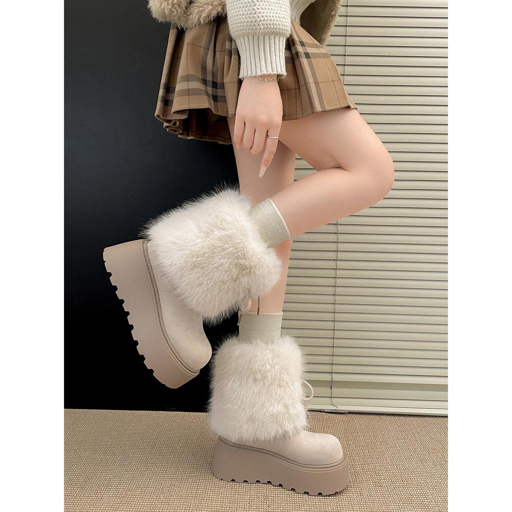 Gray retro thick-soled fluffy snow boots women's winter velvet warm outer wear Northeast cotton shoes
