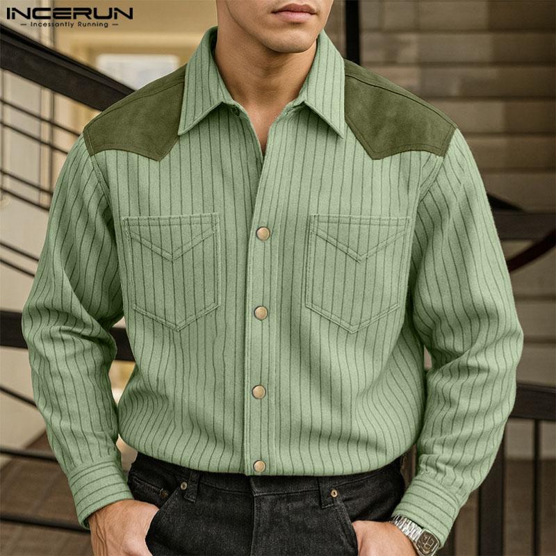 INCERUN S-5XL Men Lapel Neck Long Sleee Patchwork Striped Print Buttons Down Shirts