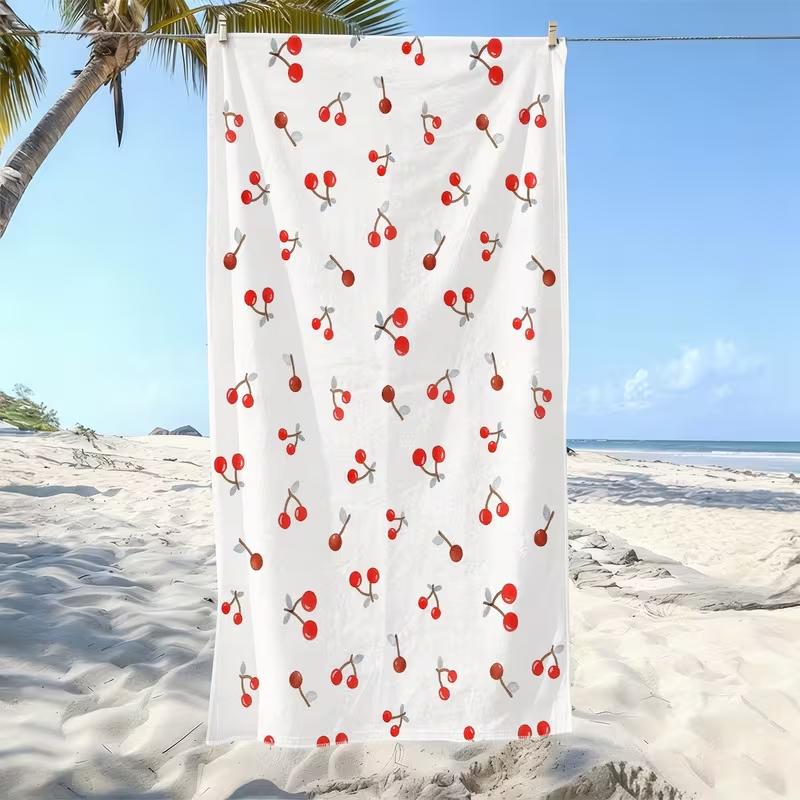 Sweet Red Cherry Print Beach Towel Minimalist Cute Fruit Design Quick Dry Absorbent Sand Free Beach Blanket for Summer Vacation