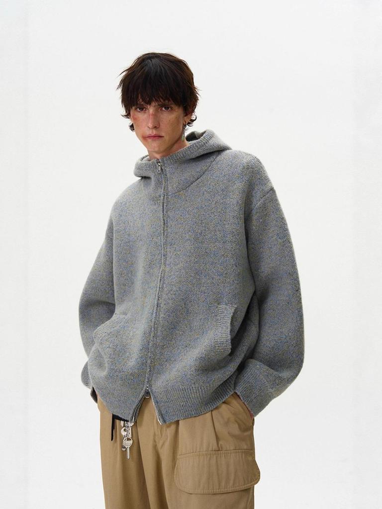 Unisex americký retro šedý kardigan s kapucí - Volný, ležérní pletený svetr na podzim/zimu