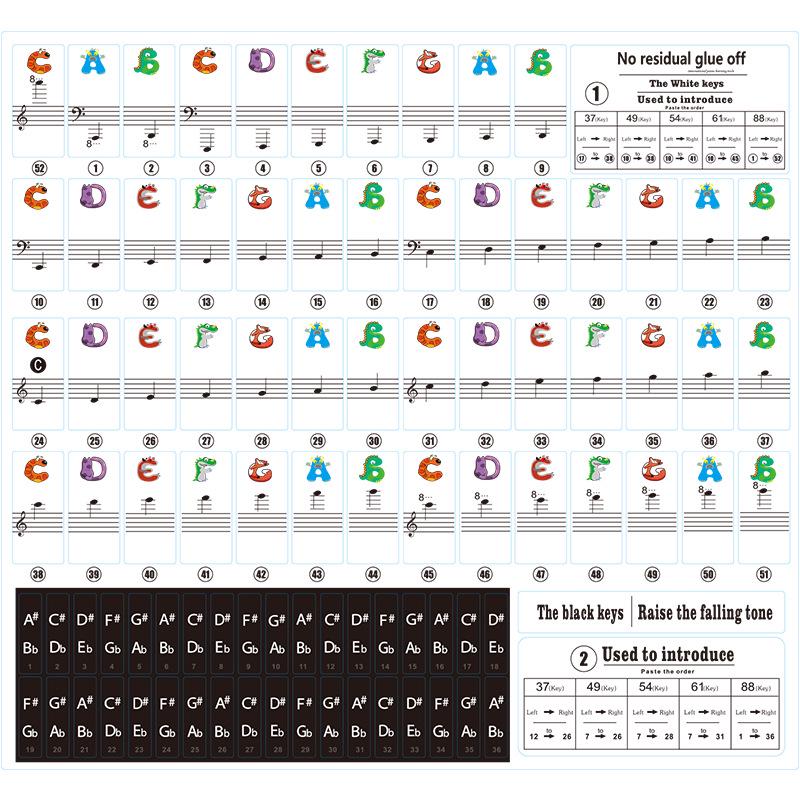 Transparent Piano Key Stickers for 54, 61, 88-Key Keyboards - Children s Cartoon Notes & Staff Notation