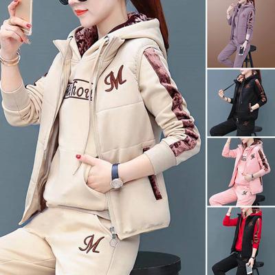 Vest Hoodie Pants 3Pcs/Set Long Sleeve Drawstring Elastic Waist Multi Pockets Fleece Casual Outfit Women Autumn Winter Letter Print Hooded Sweatshirt