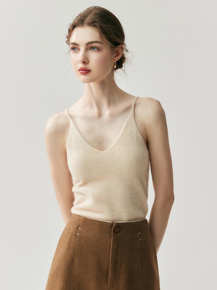Women's V-Neck Slim Fit Cashmere Knit Spaghetti Strap Vest - Autumn/Winter 2026 Base Layer Top