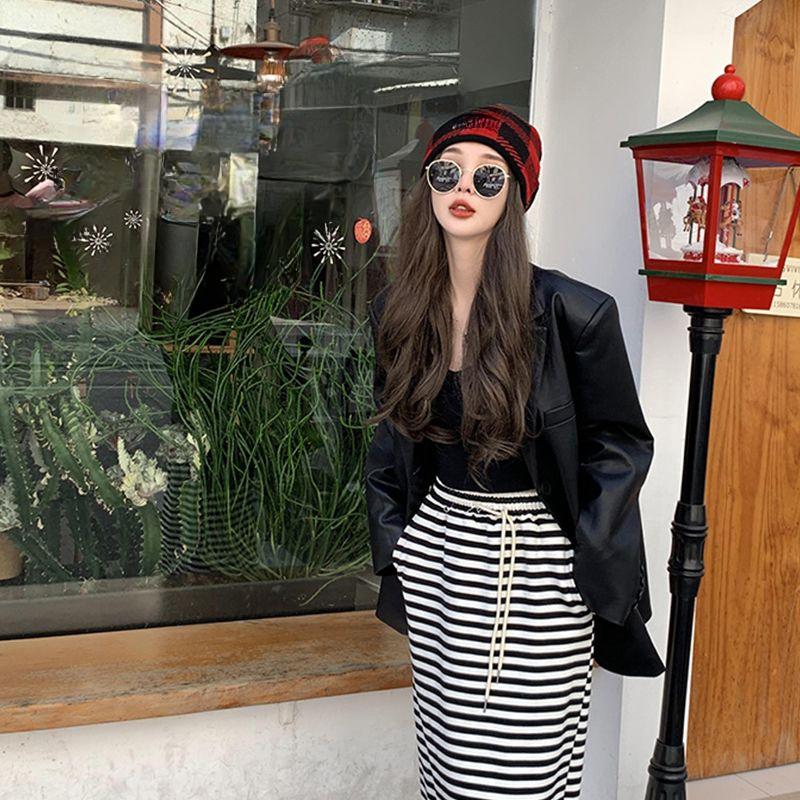 Jachetă elegantă din piele PU neagră pentru femei, jachetă de primăvară și toamnă, secțiune lungă, croială lejeră, stil stradal, jachetă