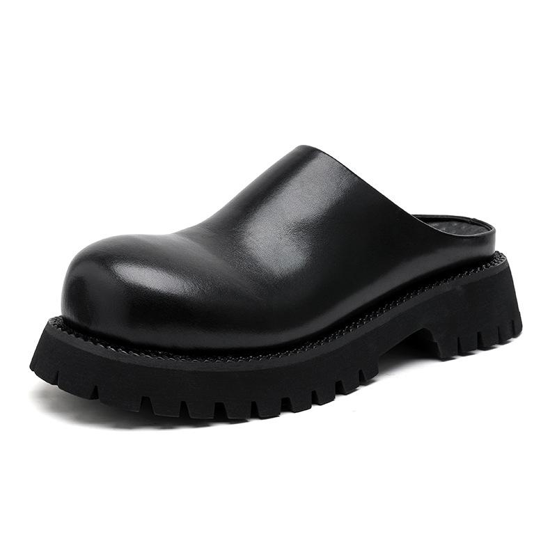 

Баотоу полутапочки мужские 2024 лето новые толстоподошвенные для улицы маленькие кожаные туфли повседневные крутые тапочки 18886-R 38 чёрный