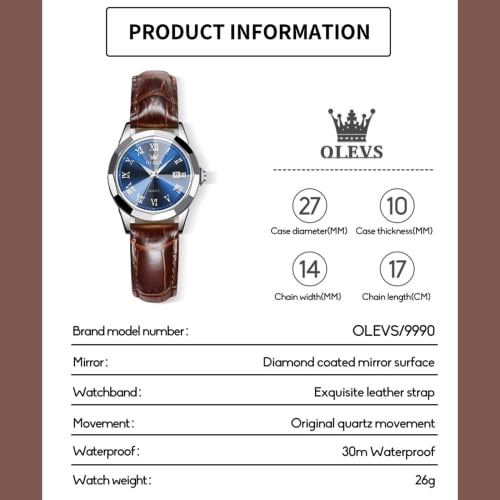 OLEVS Women's Watch, Waterproof, Leather Band Arm Watch, Cute, Date, Women's Watch, Roman Alphabet, Quartz Watch, Stylish, Analog Luminous Watch, Ladi