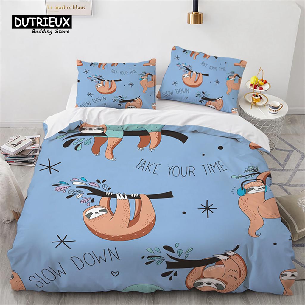 Niedlicher Faultier Bettbezug Einzelbett Cartoon Tier Bettwäsche Set Mikrofaser Floral Blätter Steppdeckenbezug Für Teenager Mädchen Jungen Kawaii Raumdeko