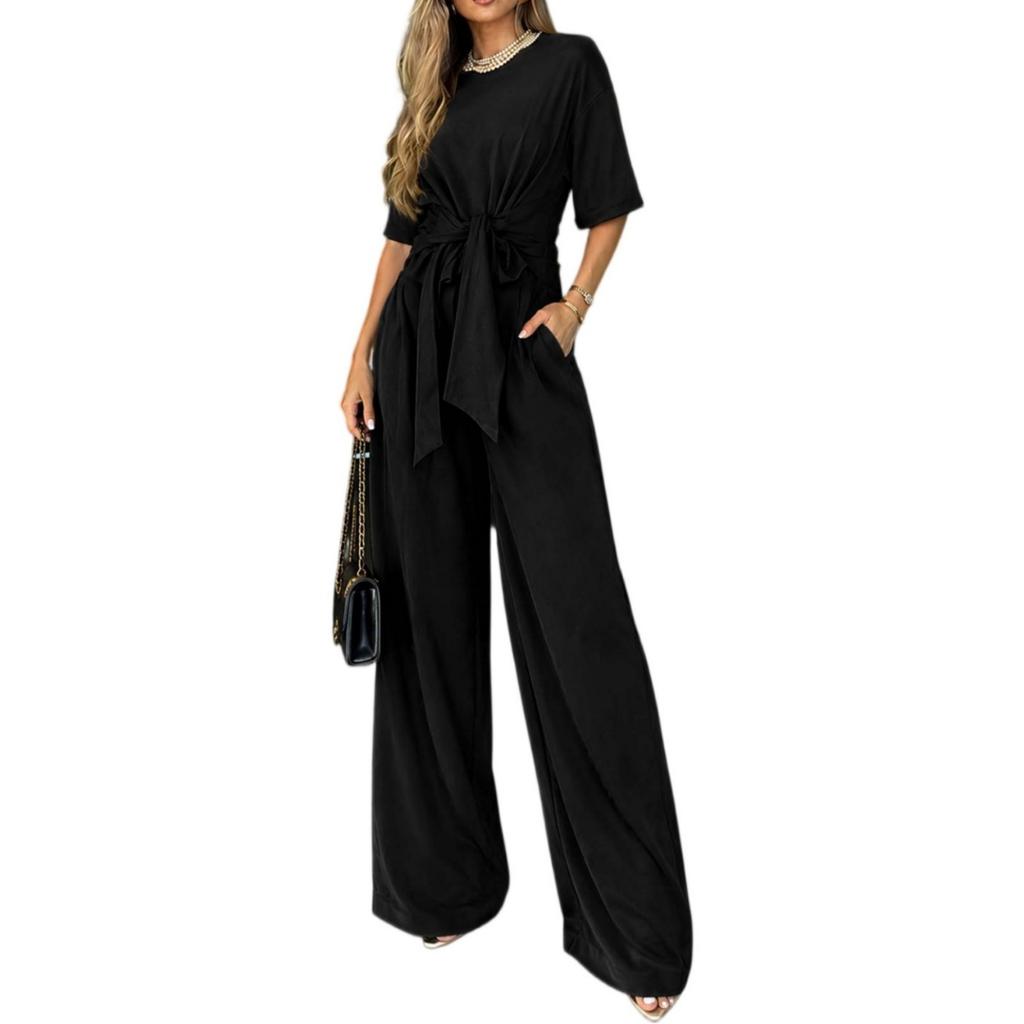 Conjunto de Pantalones Anchos de Corte Holgado con Top de Manga Corta y Cuello Redondo con Detalle de Lazo en la Cintura Conjunto Casual de Dos Piezas para Mujer