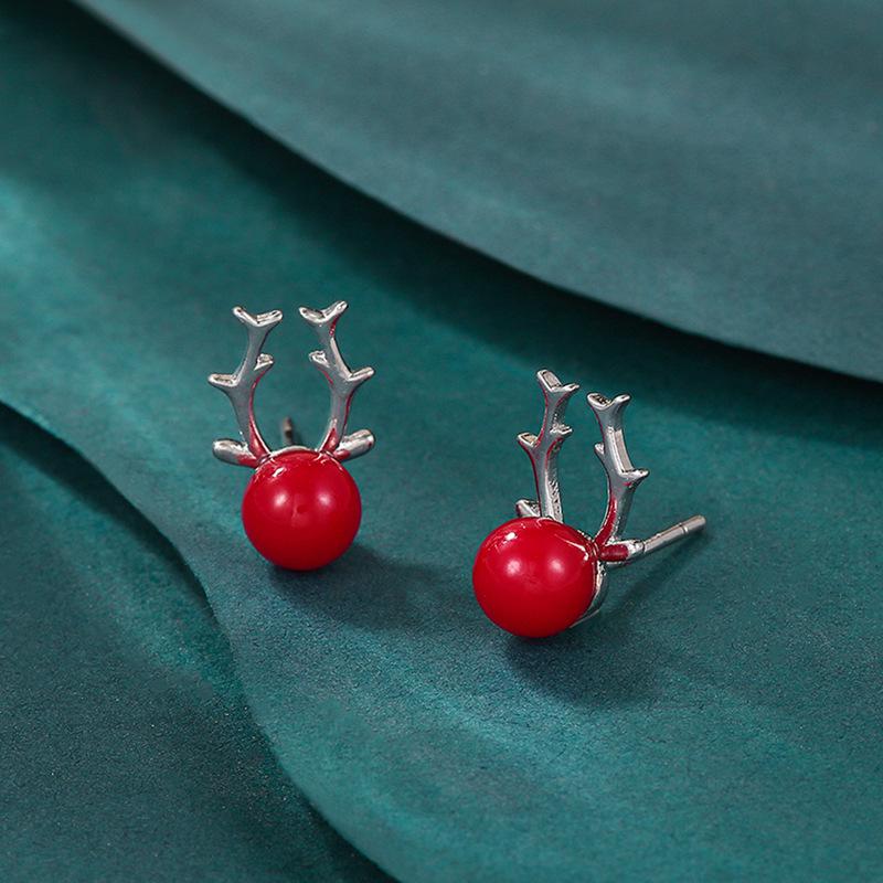 European & American Christmas-Themed Red Enamel Reindeer Santa Claus Stud Earrings for Women