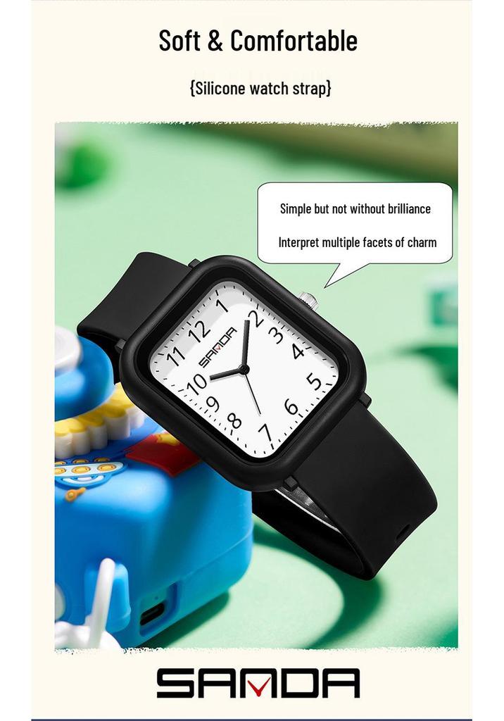 SANDA 50M Waterproof Square Quartz Watch with Quick Release Strap for Students and Civil Servants.
