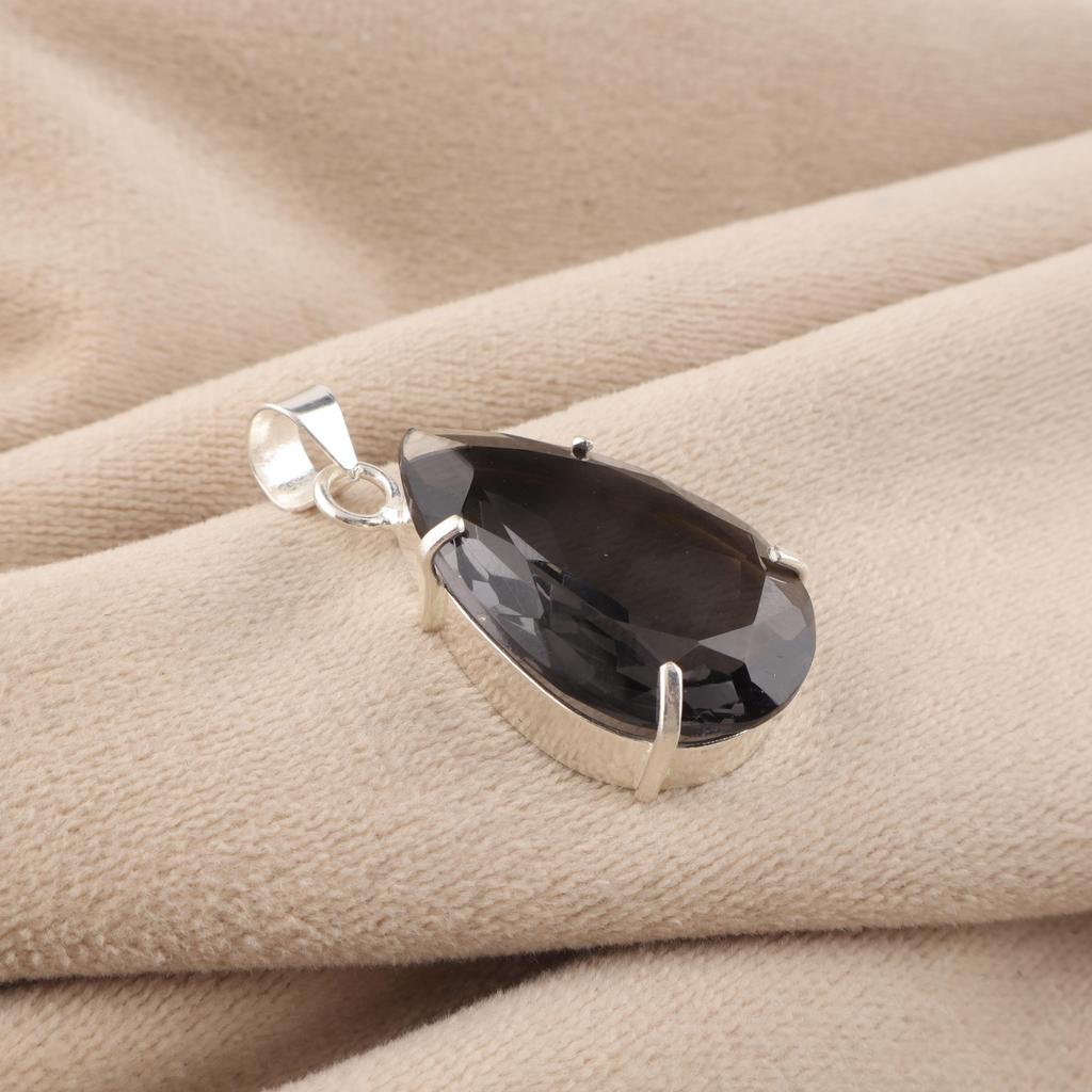Grey Quartz Gemstone Silver Pendant 1.6" , 925 Sterling Silver Handcrafted Jewelry, Designer Pendant For Birthday Gift PP-67-11