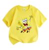 Kids Boys Girls 100% Cotton Crew Neck Short Sleeve T-shirt, Cute Happy Yellow Sponge Print Casual Lightweight Breathable Summer Tops for Children Dail
