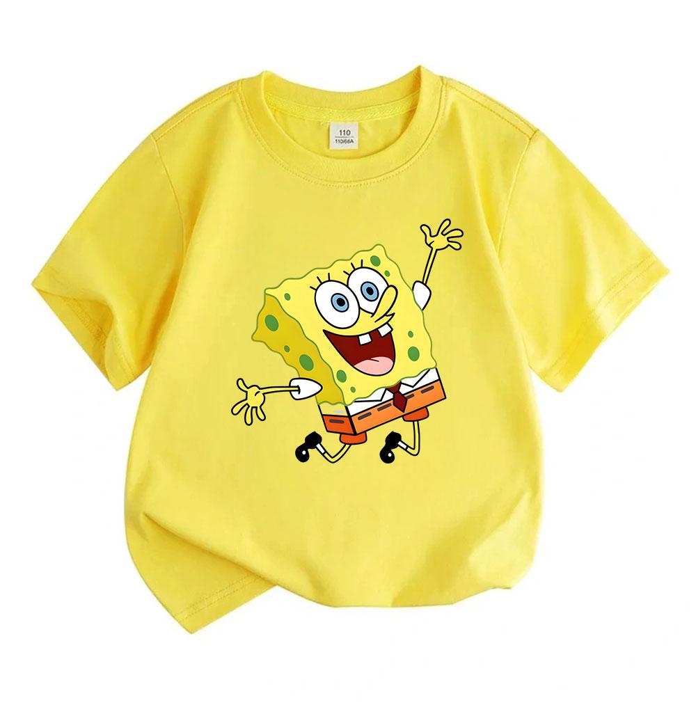 Kids Boys Girls 100% Cotton Crew Neck Short Sleeve T-shirt, Cute Happy Yellow Sponge Print Casual Lightweight Breathable Summer Tops for Children Dail
