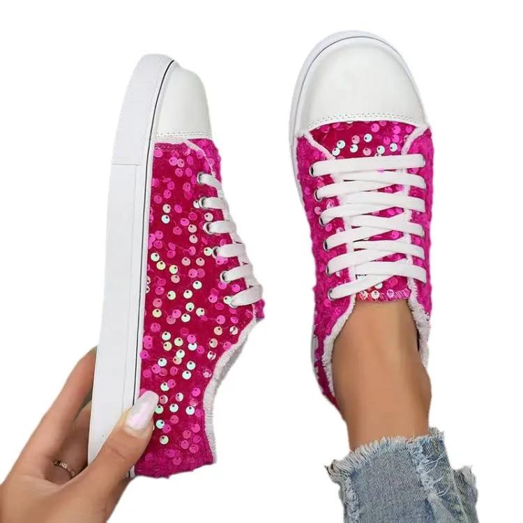 2025 Women's Single Shoes Spring Autumn New Fashion Sneakers Round Head Flat Bottom Lace Up Sequins Casual Shoes