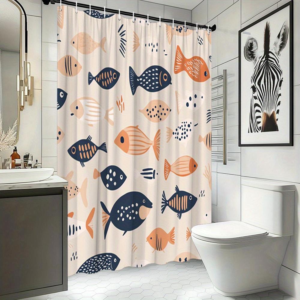 Fish Shower Curtain Cartoon Fish In Beige, Blue & Orange, Whimsical Ocean Pattern Bath Curtain For Kids And Modern Home Decor
