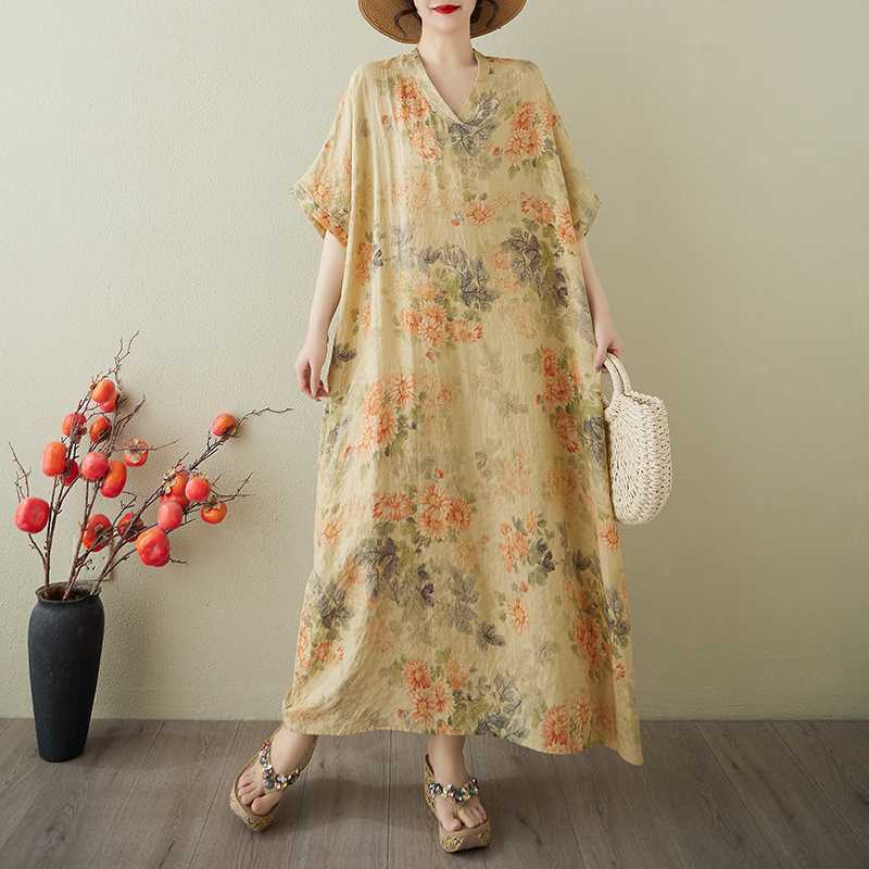 Kvinners Vintage Lang Kjole med Bomulls- og Linputter