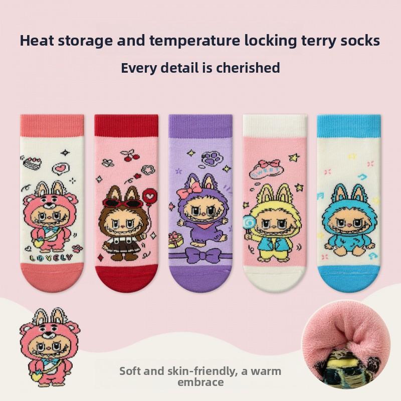 5 PERECHI Șosete pentru copii Labubu Iarnă Îngroșate Terry Fete Șosete medii Desene animate la modă Iarnă Calde Șosete groase