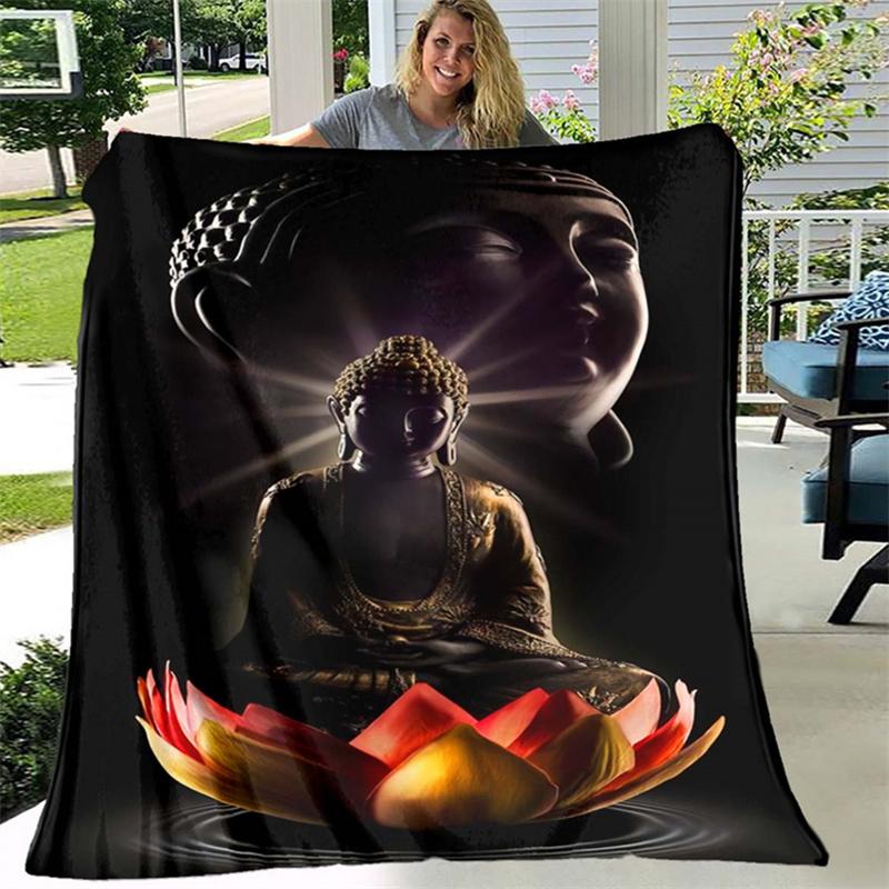 Buddha Statue Red Lotus Flower Print Flannel Blanket Soft Lightweight Throw Blanket for Sofa Bed Couch All?Season Cozy Blanket