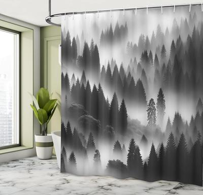 Black and White Shower Curtain, Wild Foggy Landscape of Misty Mountain Forest with Dense Trees, Cloth Fabric Bathroom