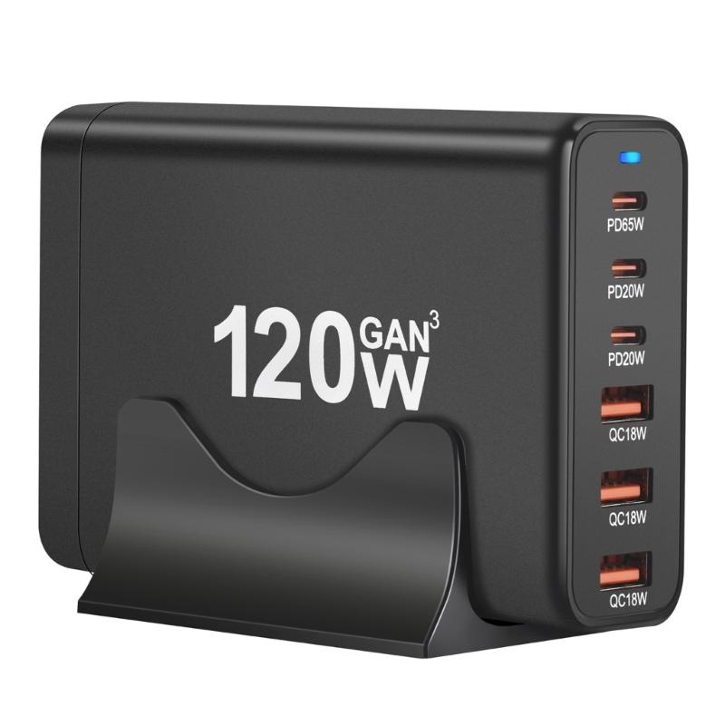 Portable 120W USB Charging Station with 6 Port, 3 Type C PD and 3 USB A for Phones Tablets Simultaneous Device Charging
