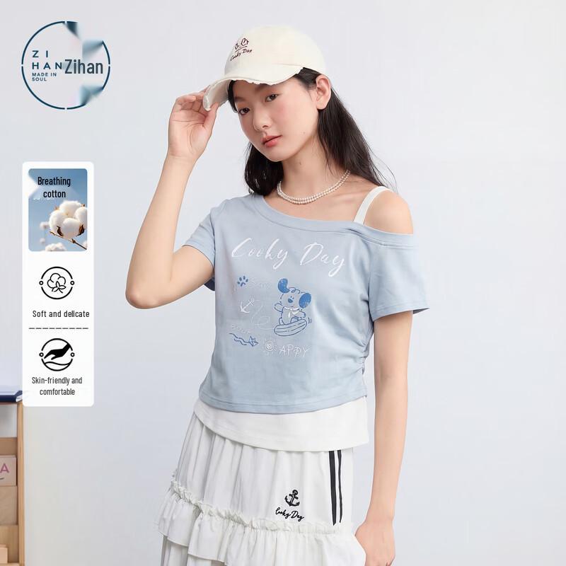 ZIHAN Women s Printed Slanted Shoulder T-Shirt L