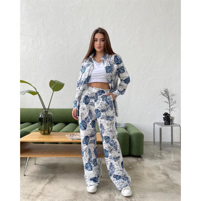 

Southeast Asia Plus Size Casual Print High Waist Wide Leg Long Sleeve Sportswear Set Large