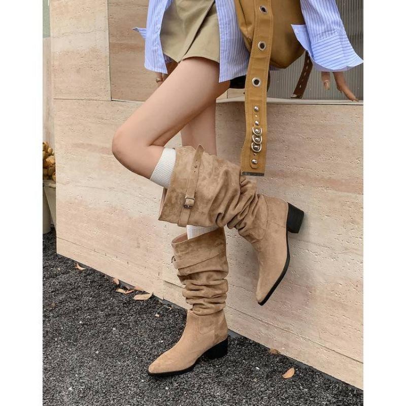 New women's leather boots large tube circumference stacking boots sleeve large size women's boots medium heel round head autumn and winter versatil