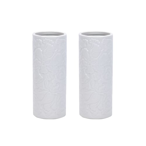 Yamakou Japanese Ceramic White Porcelain Arabesque Design, 7-inch (2-piece) Cylindrical Vase for Buddhist Altar Flowers, Approx. 21cm H X 8.7cm D