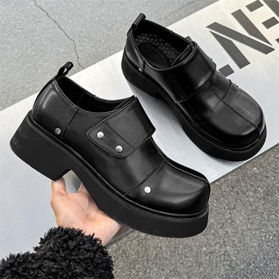 Original Design Hight Quality British Punk Style Black Leather Loafers For Men's Hombre Daily Dress Height Increasing Shoes