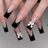 24Pcs Long Coffin French False Nails With Glue Bow And Diamond Decor Black Ballerina Press On Acrylic Nail Tips