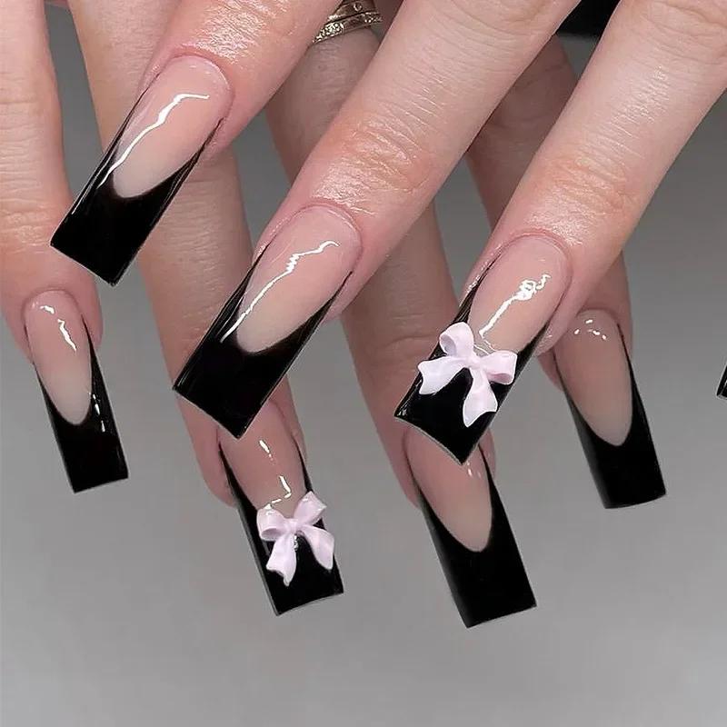 24Pcs Long Coffin French False Nails With Glue Bow And Diamond Decor Black Ballerina Press On Acrylic Nail Tips
