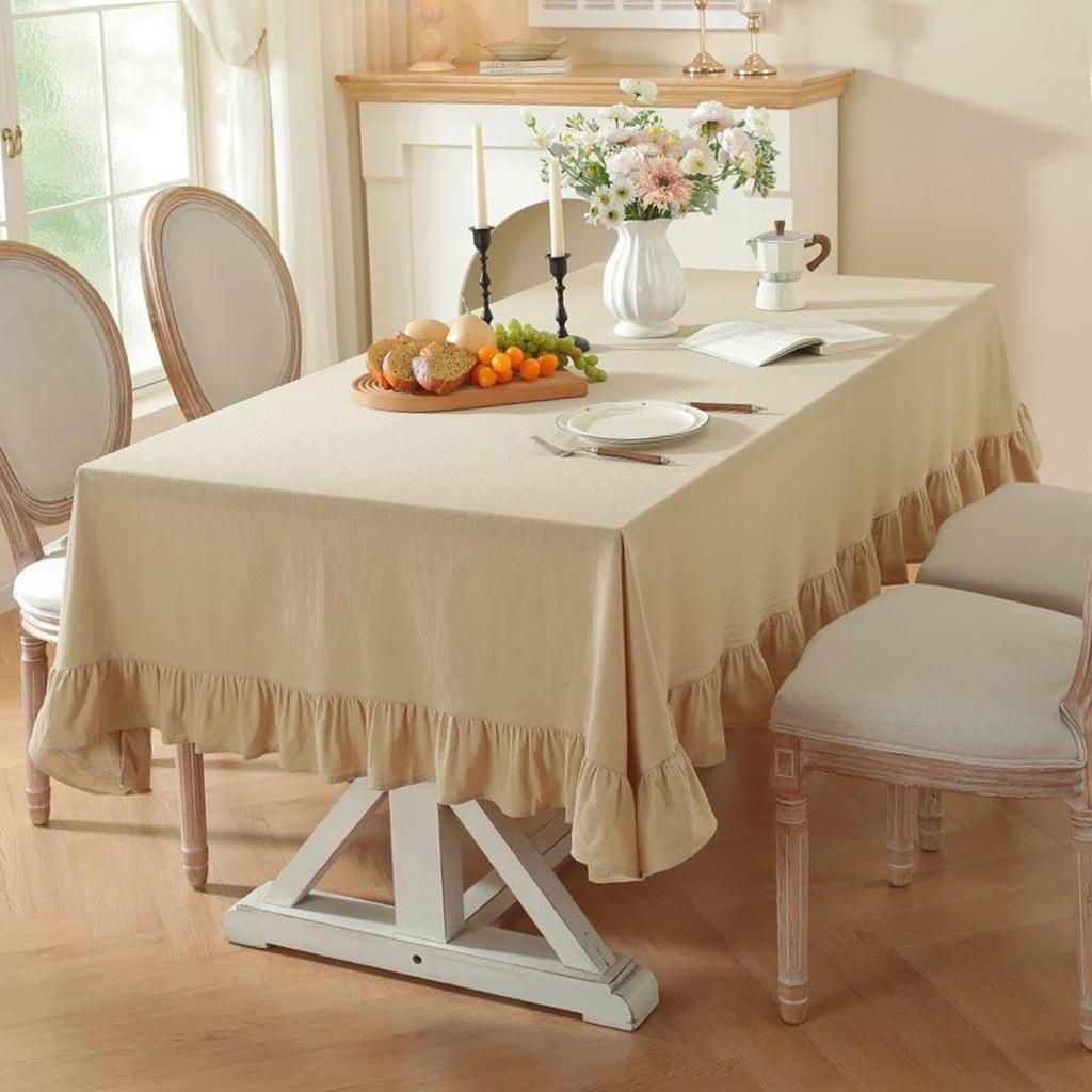 100% Cotton Table Cloth with Decorative Ruffle Edge Luxurious Soft Washable Tablecloth Rectangular for Kitchen Dining Wedding
