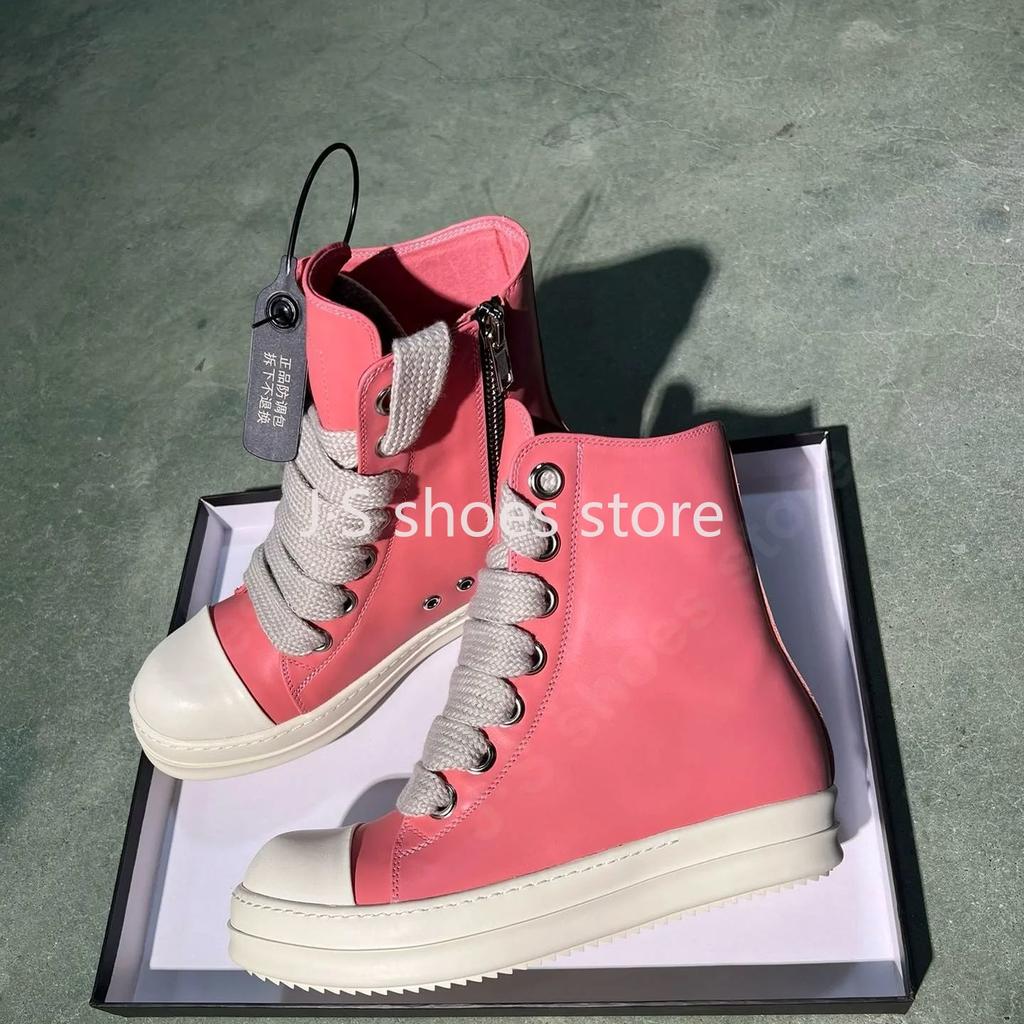 R-o Luxury Men Sneaker Peach Pink Leather High Top Shoe Women Boots Jumbo Laces Casual Shoes Cowhide Sneakers Ankle Boot