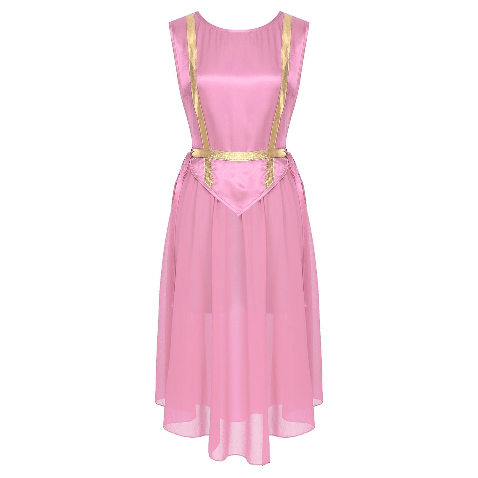 

Women Liturgical Dance Costume Round Neck Sleeveless Lace Up Sides Split Satin Tunic Choir Performance Worship Wear S рожевий