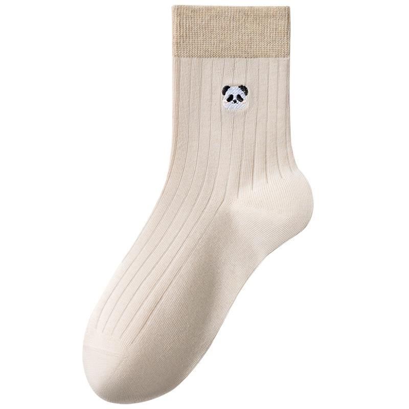 Sock Pure Cotton Mid-Calf Socks Anti-Bacterial Anti-Turning Balls Cute Embroidered Panda Autumn-Winter