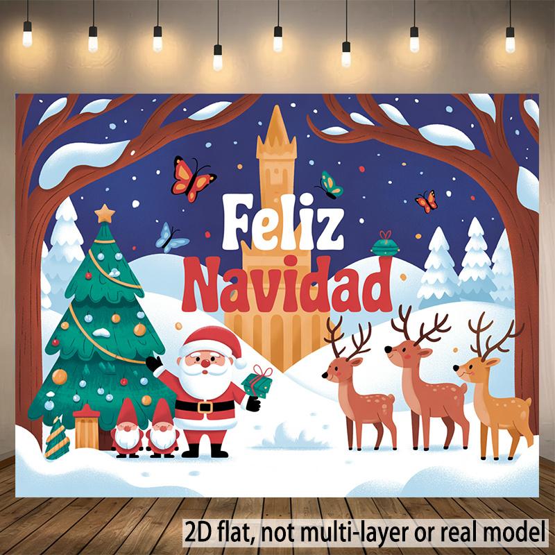 2D flat Spanish Happy New Year and Merry Christmas banner, wall decoration for home, party, photo background