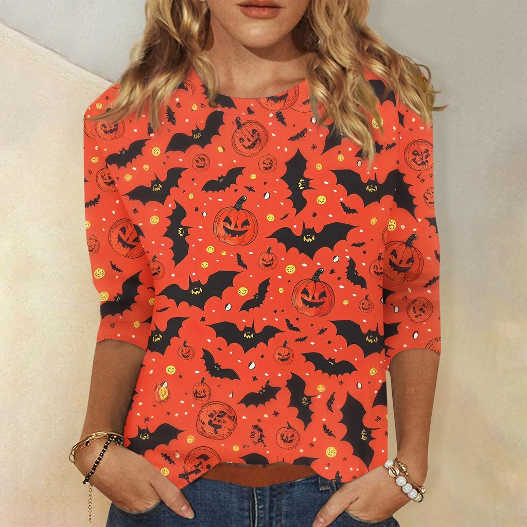 Women's Fashionable Casual Three Quarter Sleeve Halloween Printed Collar Pullover Top