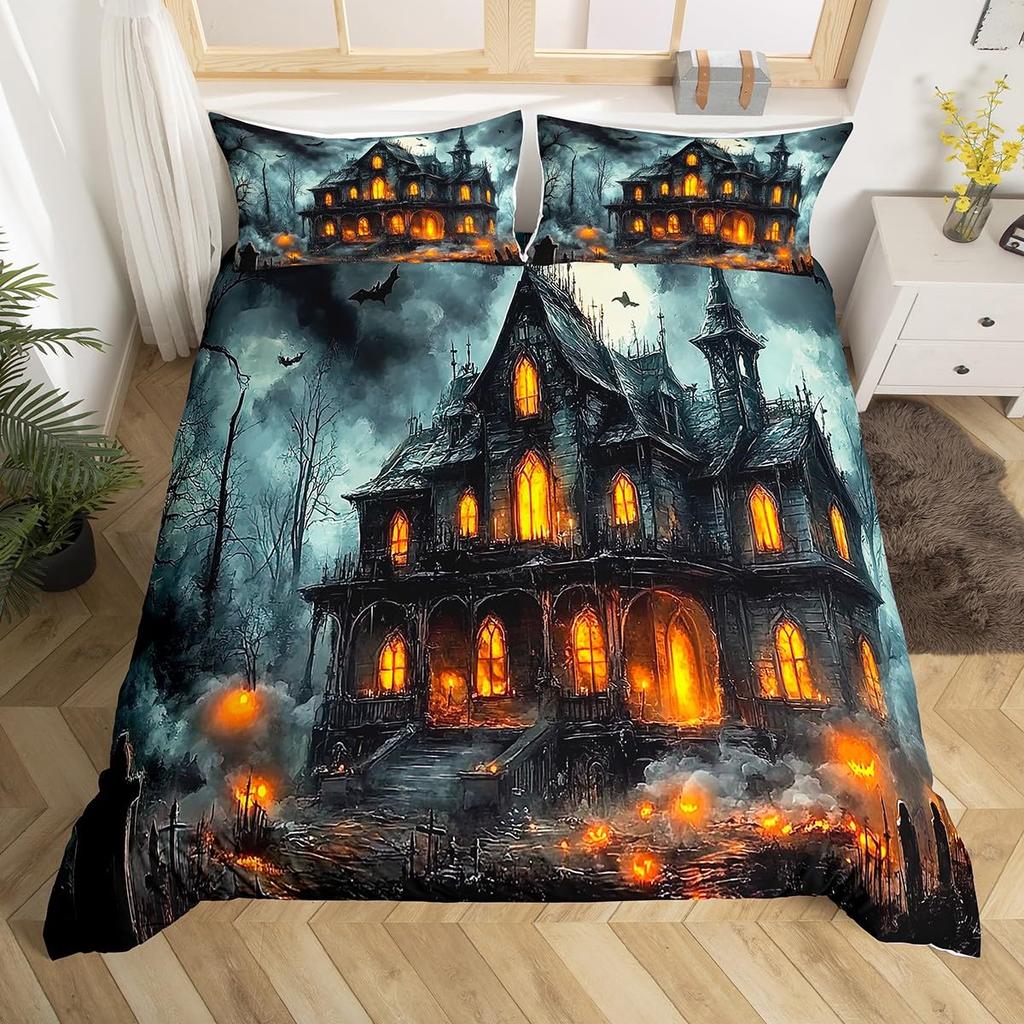 Comforter Happy Halloween Ghost Full Bedding Set For Boys Girl Spider Bat Black Cat Print Comforter Trick Or Treat Theme