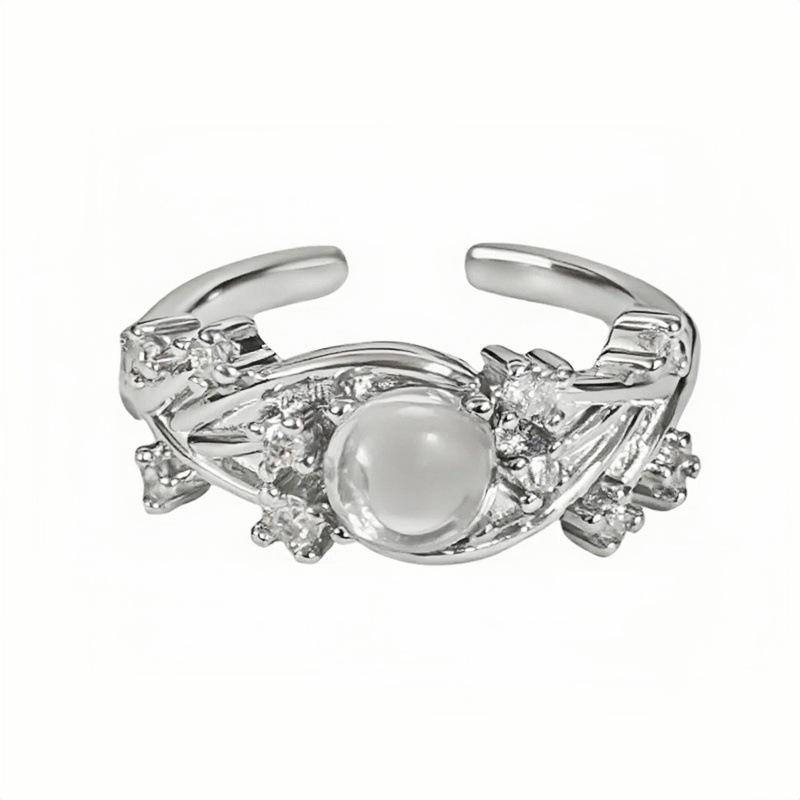 Round Moonstone Vine Wrapped Flower Open Ring Niche Design Light Luxury High Sense Zircon Index Finger Ring Female