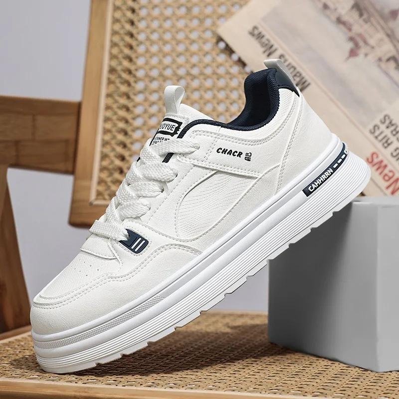 Men Casual Shoes Trend Men's White Shoes 2025 Spring Leather Surface Thick Sole Height Increasing Comfortable Casual Sneakers