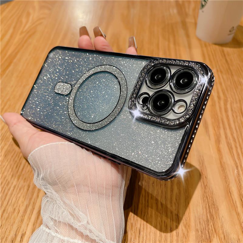 

Подходит для IPhone16proMax, Магнитный блестящий чехол для телефона с ощущением высокого класса, 15 Водяной бриллиант Apple 14 Противоударный защитный чехол Apple 16plus чёрный