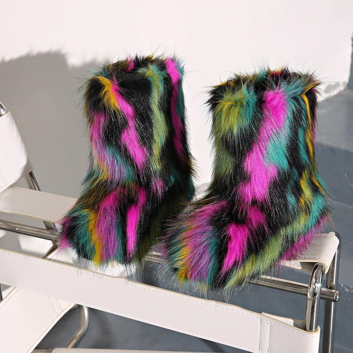 

мода Роскошные меховые женские ботильоны на плоской подошве с мехом на платформе Теплая обувь Бренд Зима 2025 Тенденция Дизайнерские женские плюшевые ботильоны Mujer 44