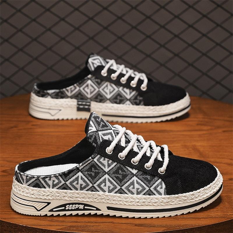 

Летние новые мужские повседневные туфли для отдыха с полуперетаскиванием, модные однопедальные тканевые ретро-туфли с дышащей подошвой 43